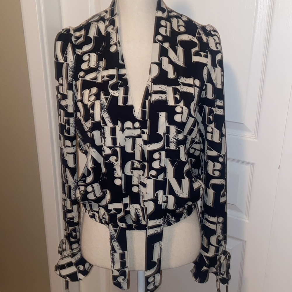 Tie Bow Front Black & White Alphabet Letters Script Silky Top Blouse with Scarf